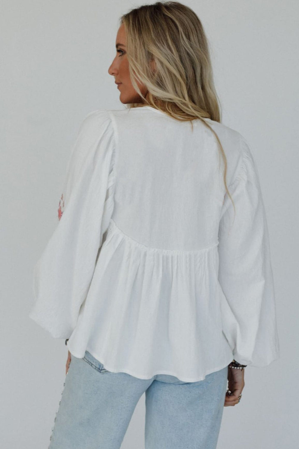 Flower Print Lace-up V Neck Babydoll Blouse