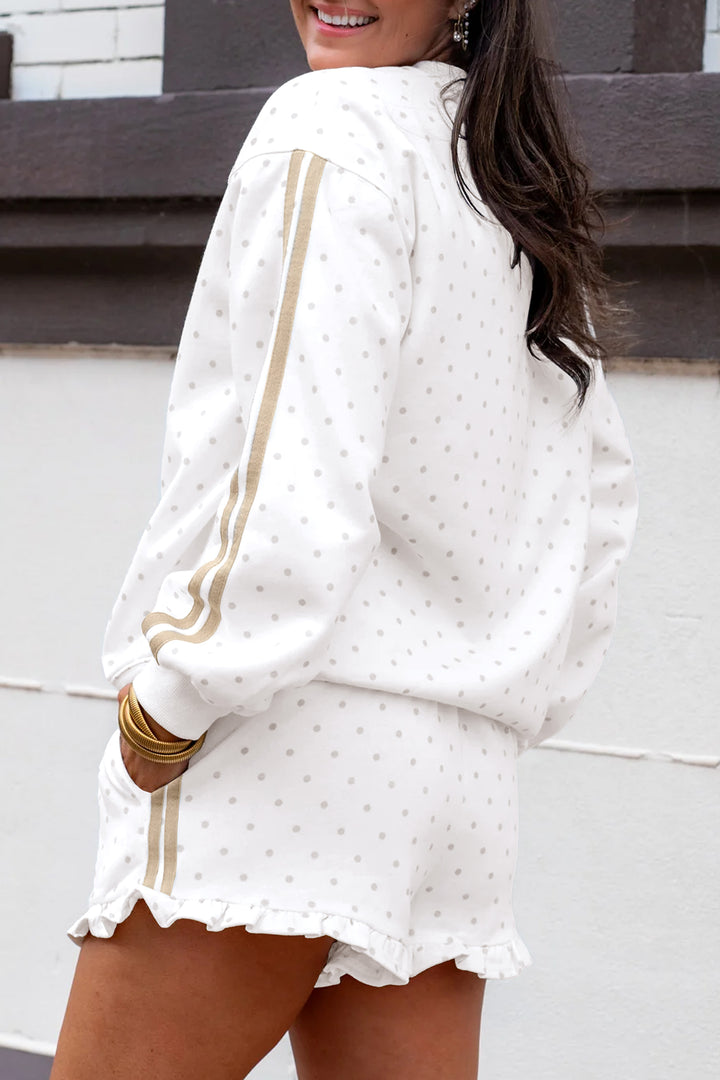 White Polka Dot Print Side Stripe Casual Sweatshirt 2pcs Short Set