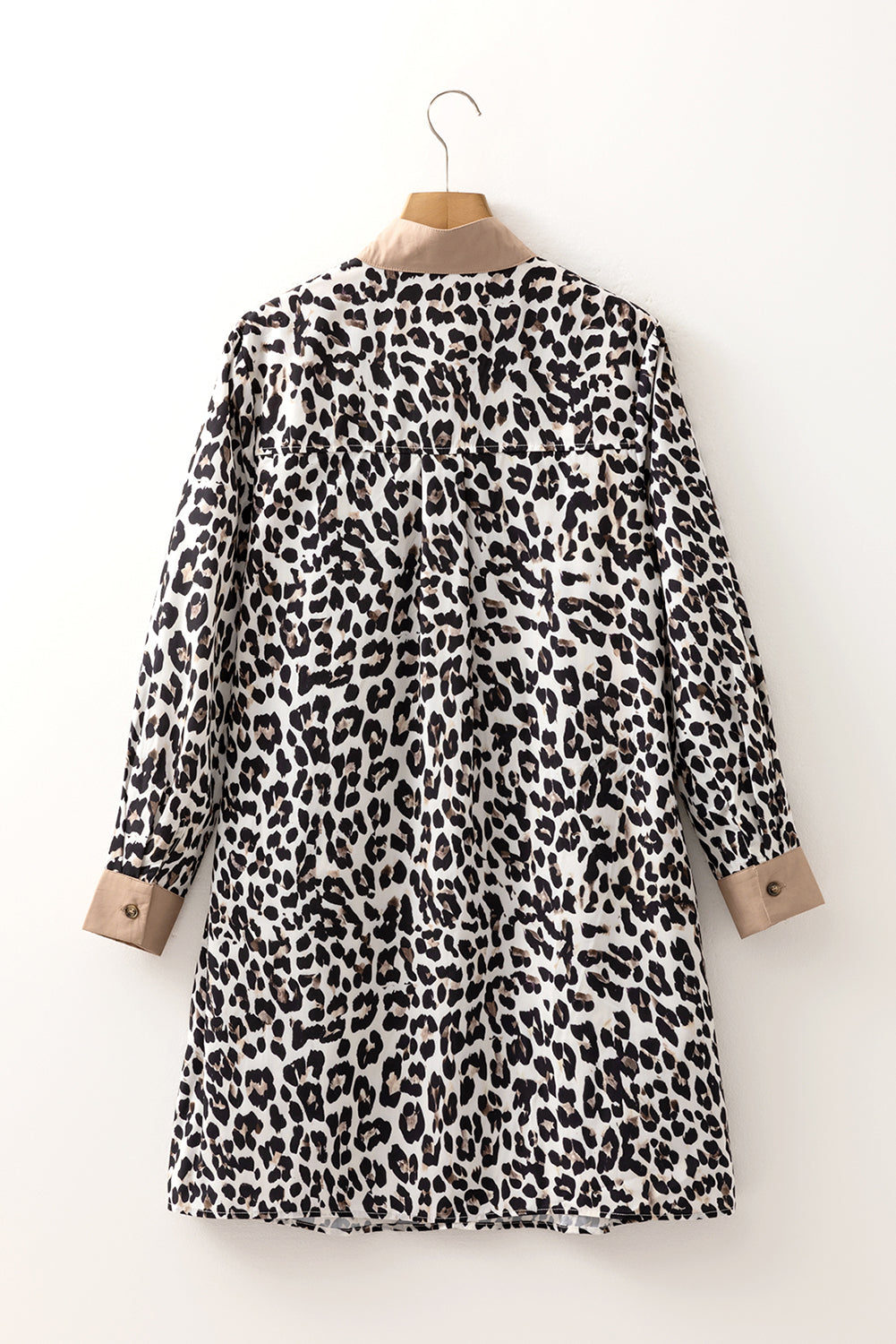 Button Striped Collar Leopard Print Long Sleeve Flared Dress