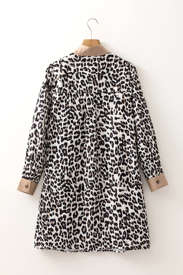 Button Striped Collar Leopard Print Long Sleeve Flared Dress