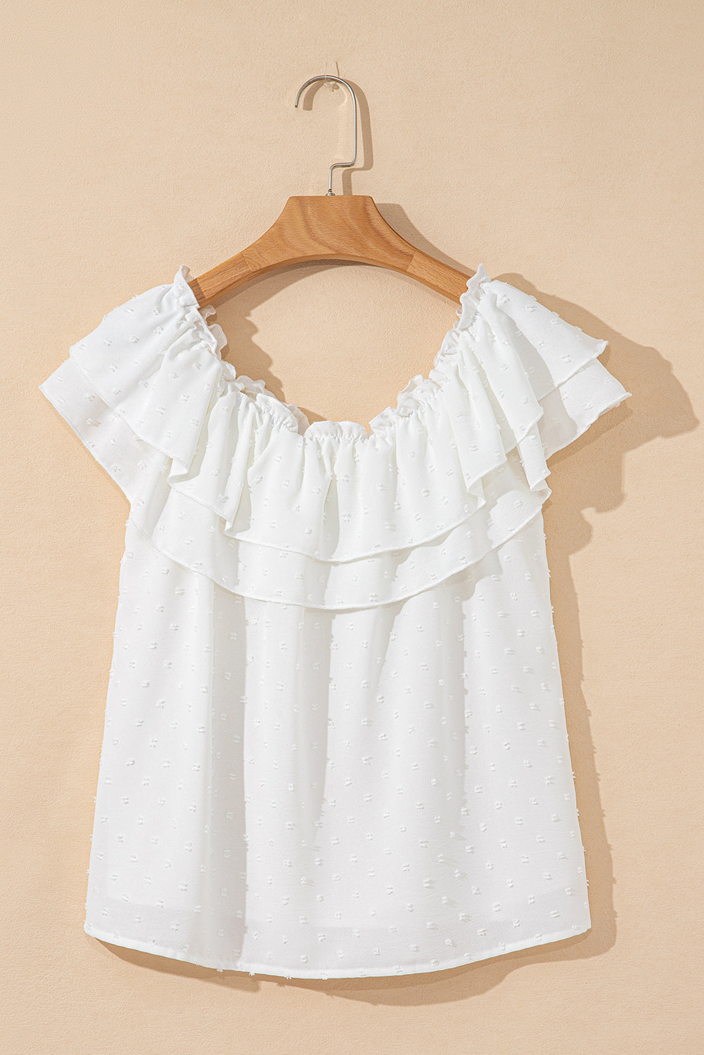 off shoulder ruffle knotted detail swiss dot blouse