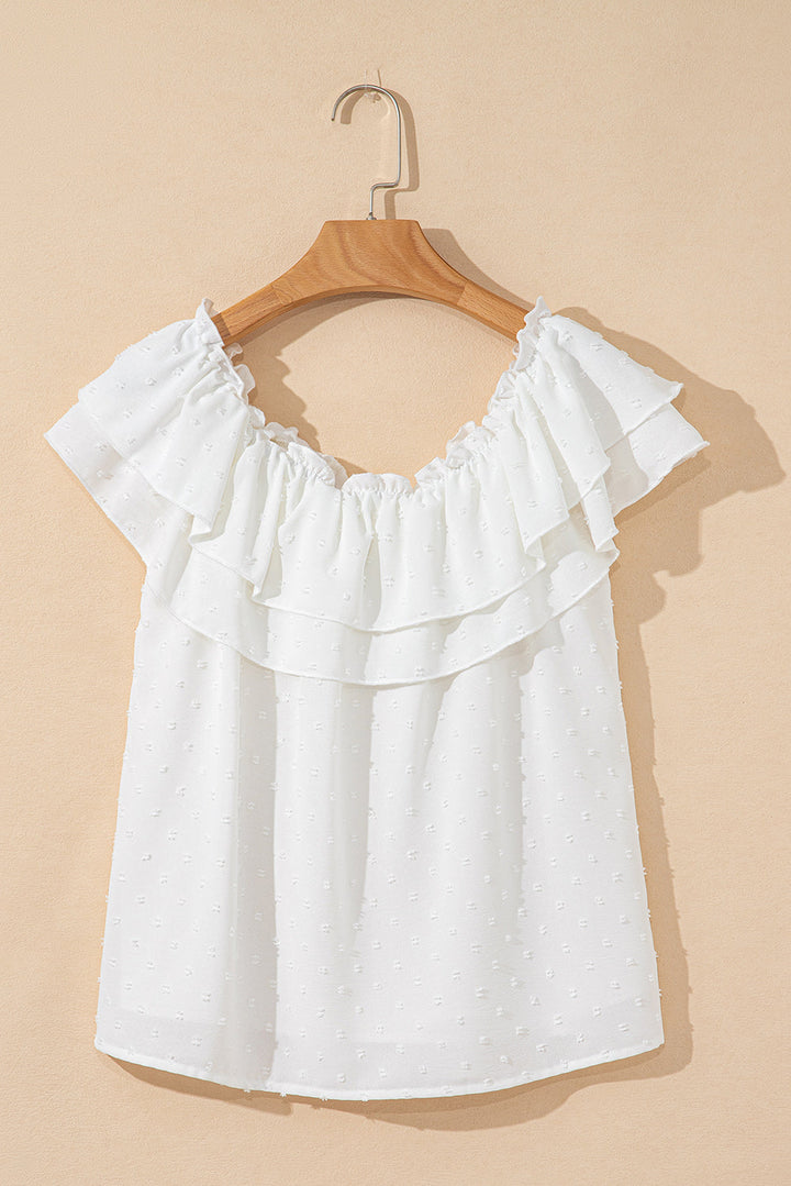 off shoulder ruffle knotted detail swiss dot blouse