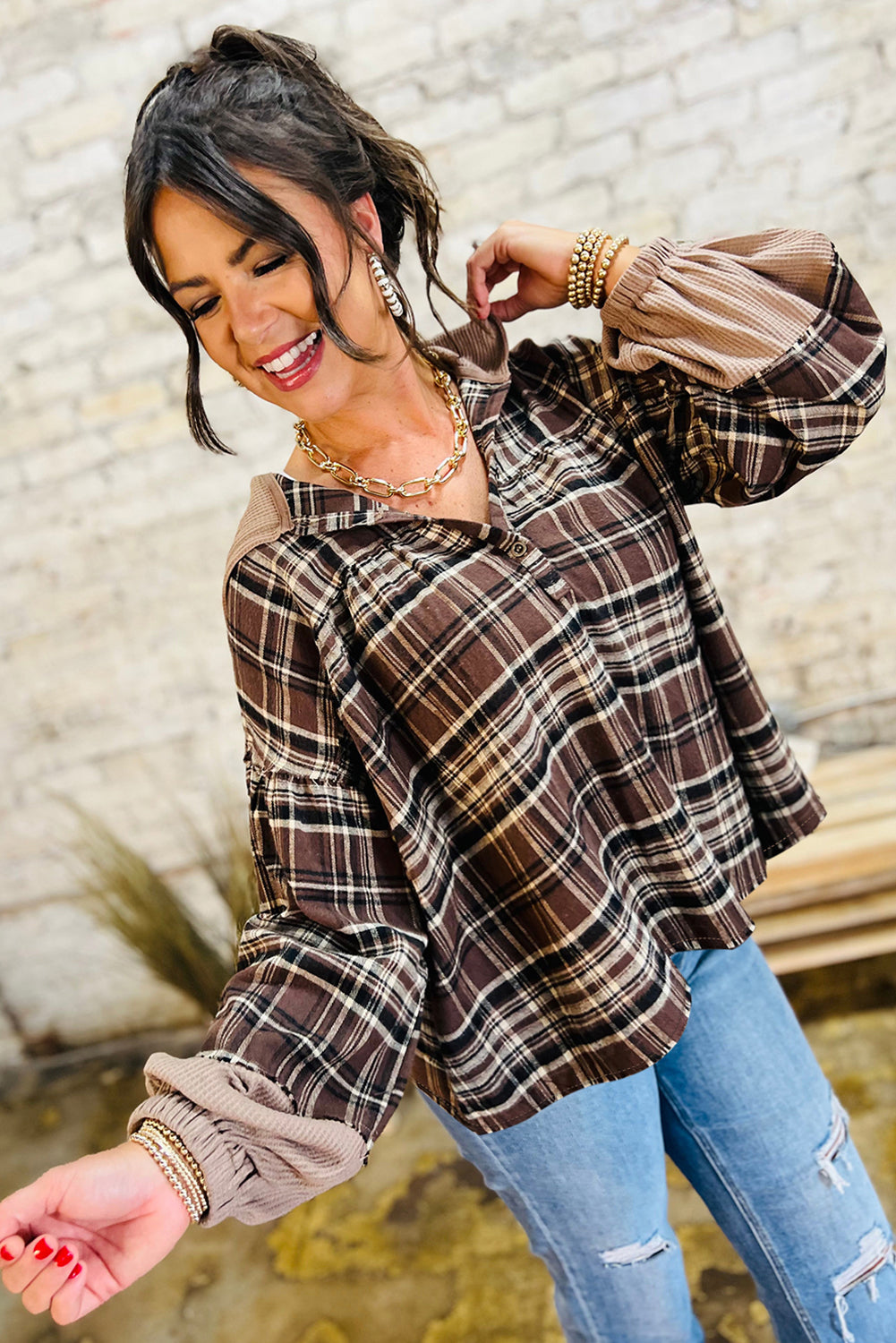 Plaid Patchwork Long Sleeve Button Hooded Blouse