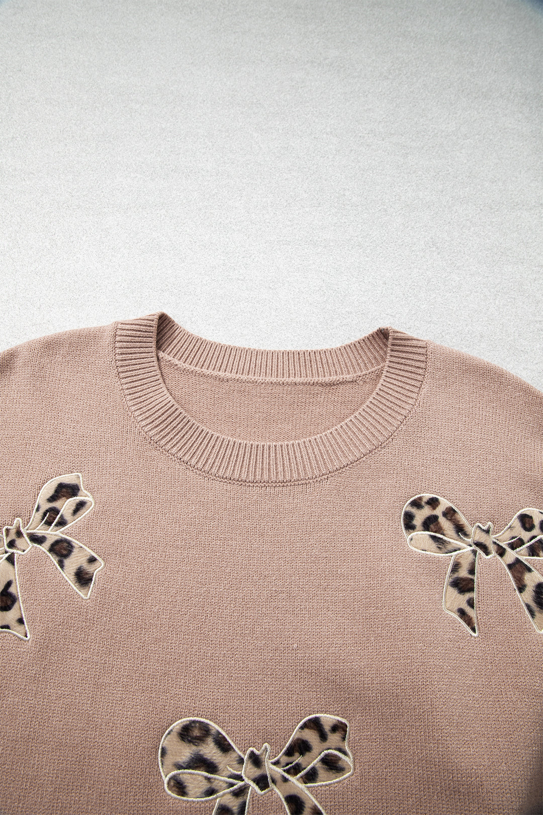 Dark Khaki Leopard Bow Embroidery Drop Shoulder Tunic Plus Size Sweater
