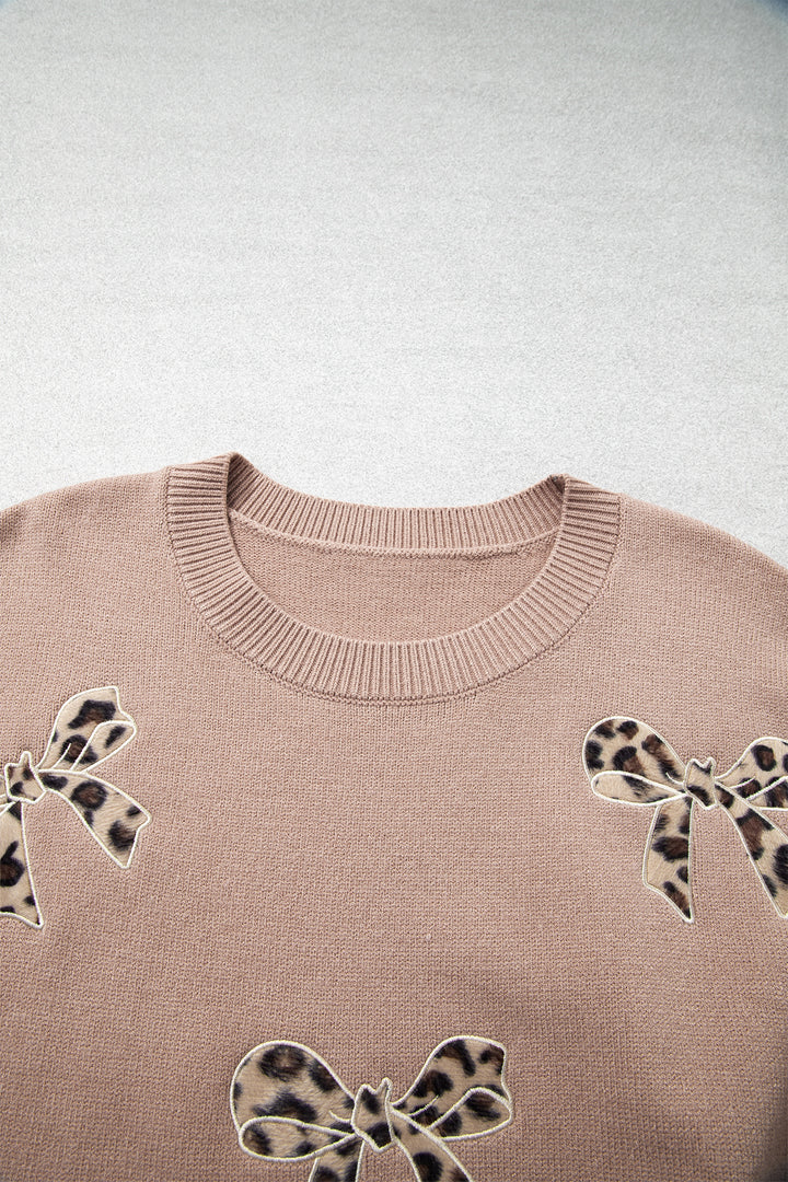 Dark Khaki Leopard Bow Embroidery Drop Shoulder Tunic Plus Size Sweater