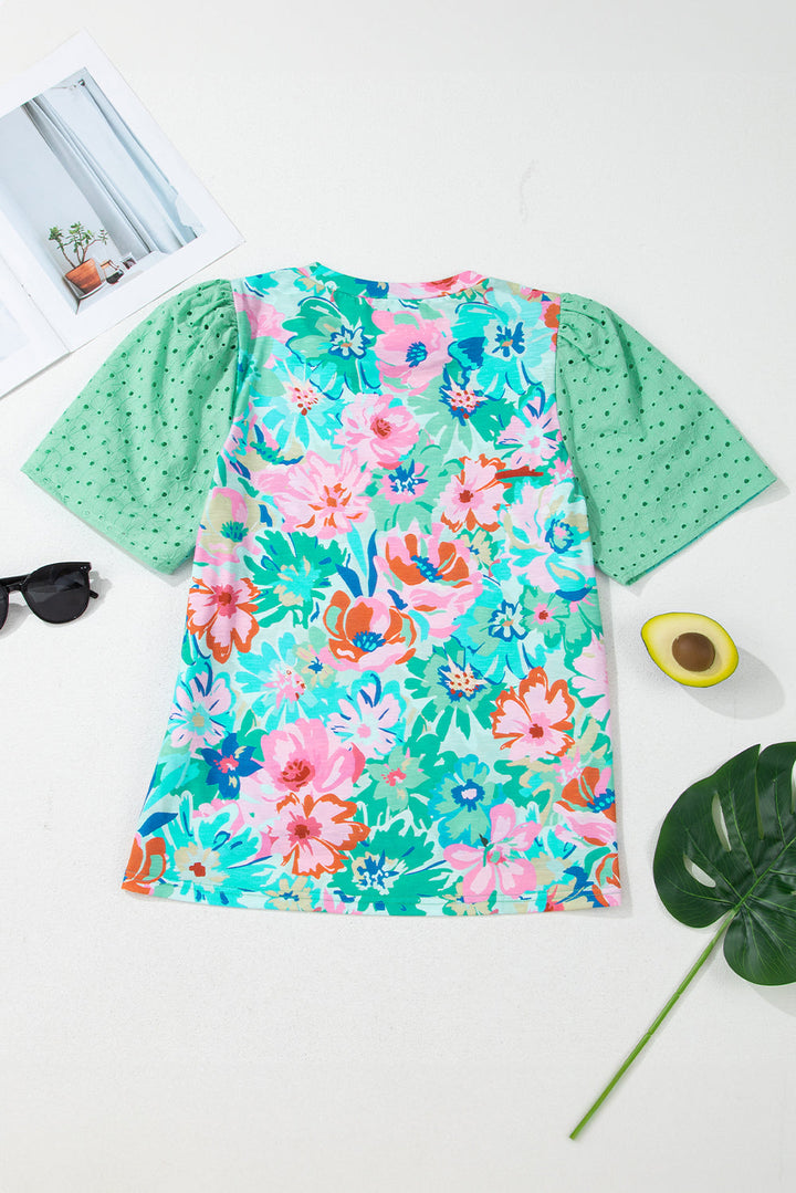 Floral Print Eyelet Embroidered Short Sleeve Crew Neck Top