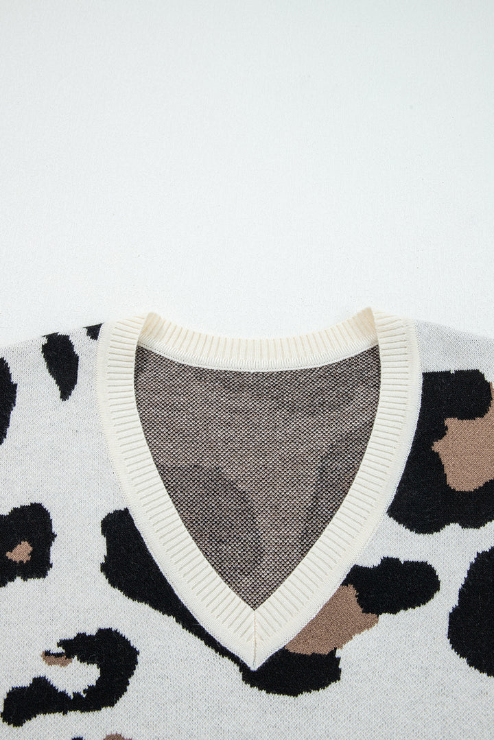 Leopard Print Color Block Patchwork Sleeve V Neck Sweater