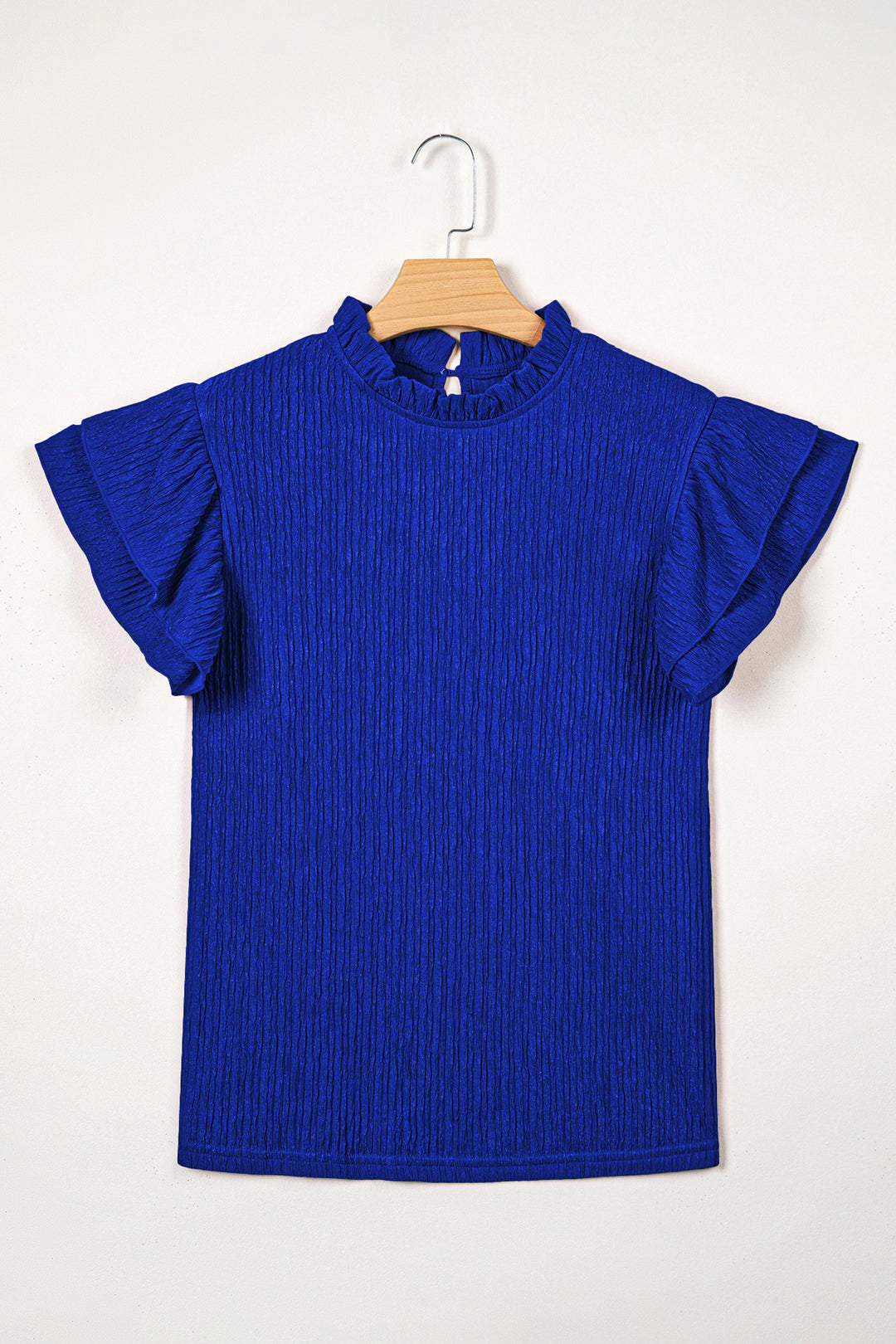 Dark Blue Solid Color Textured Ruffle Trim Short Sleeve Blouse