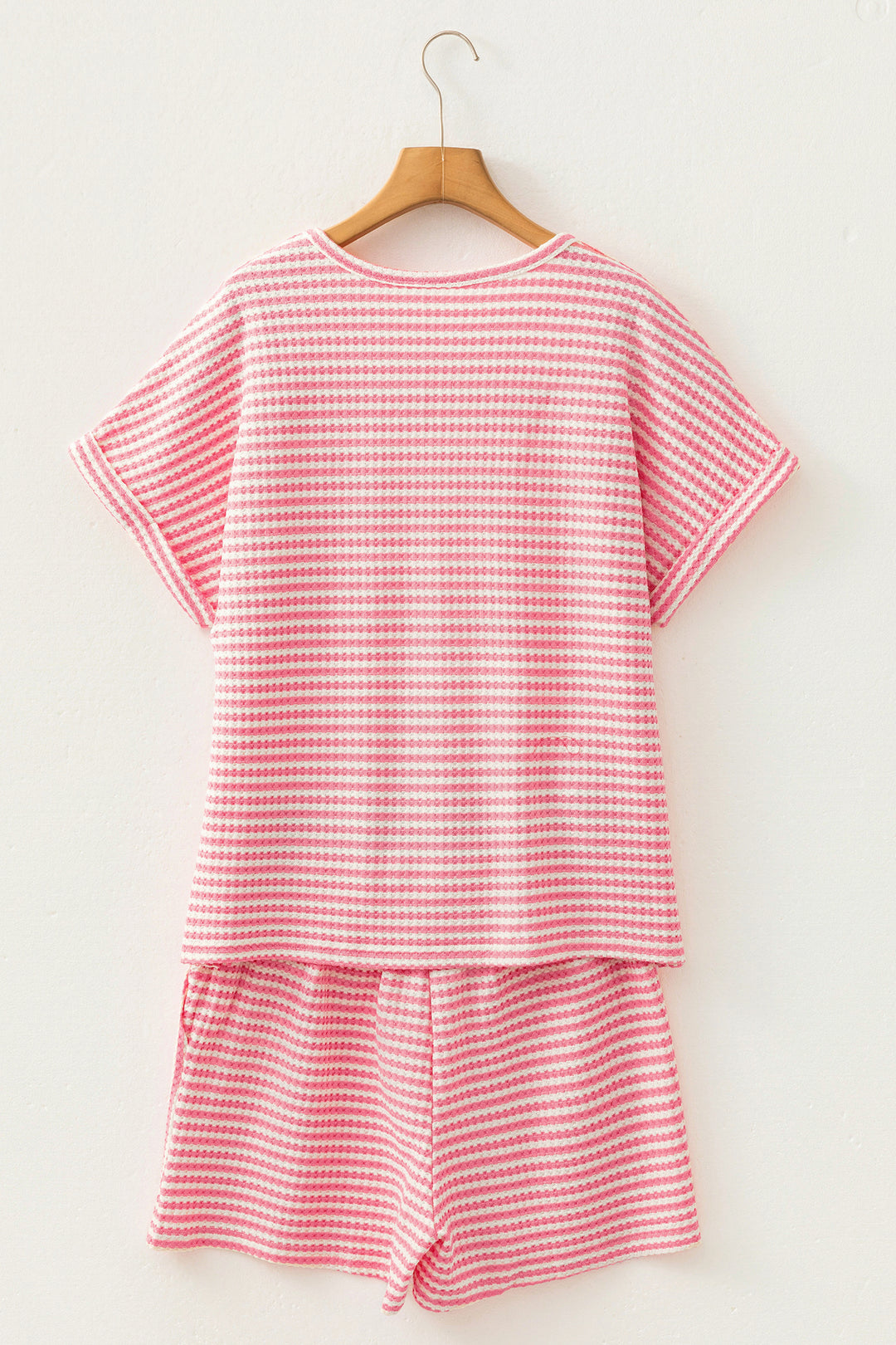 Pink Stripe Breathable Textured Knit Short 2pcs Set