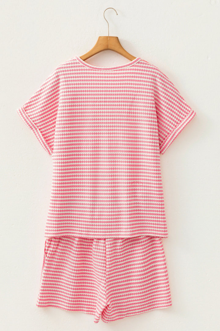 Pink Stripe Breathable Textured Knit Short 2pcs Set