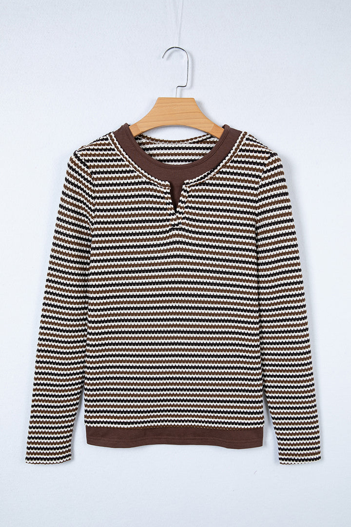 Faux Two Piece Textured Striped Round Neck Long Sleeve T Shirt