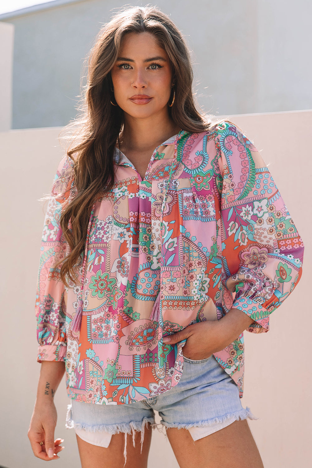 Boho Floral Bubble Sleeve Tassel Tied Neck Pleated Blouse