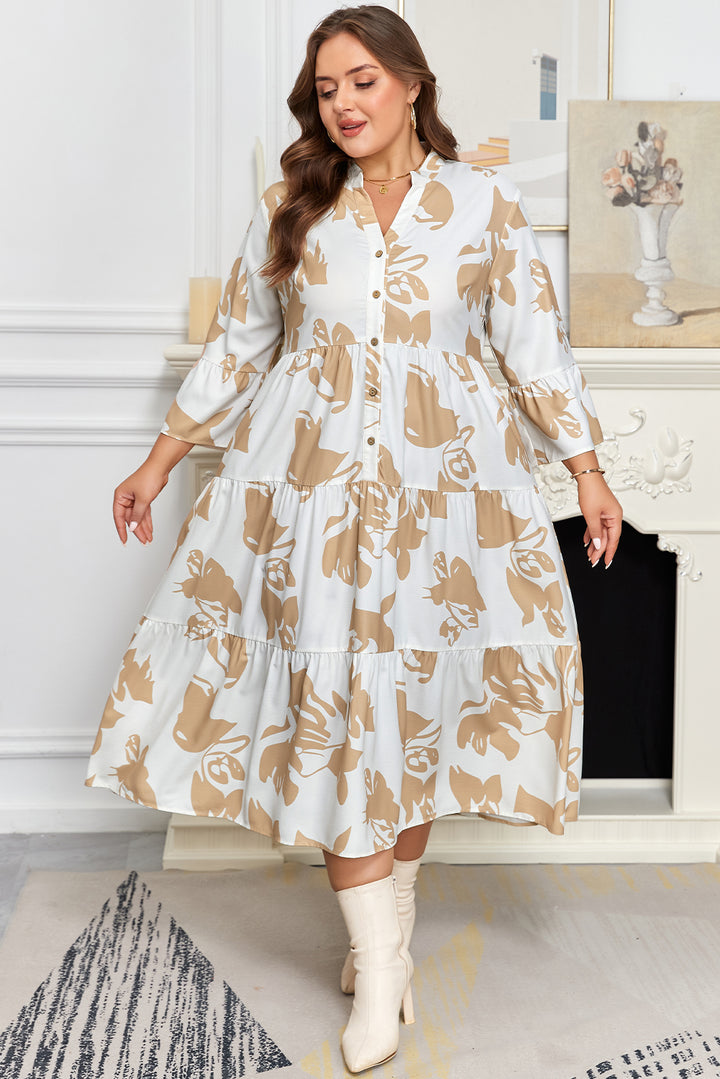 Khaki Patterned Half Placket Tiered A-line Plus Size Long Dress