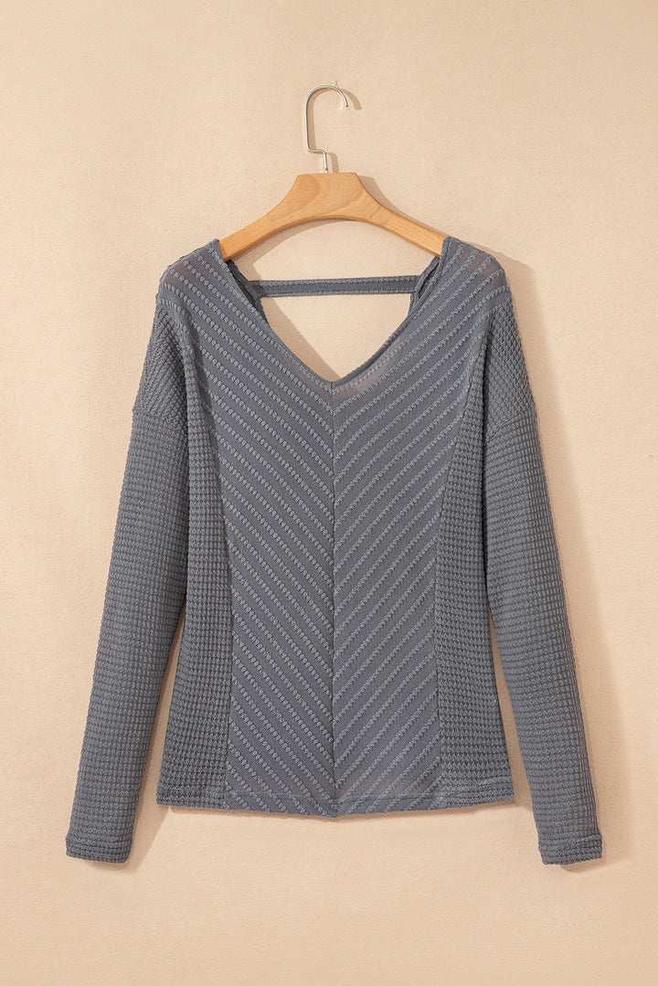 V Neck Chevron Texture Patchwork Long Sleeve Knit Top