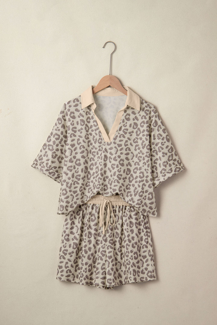 Khaki V Neck Collar Leopard Printed 2pcs Short Set