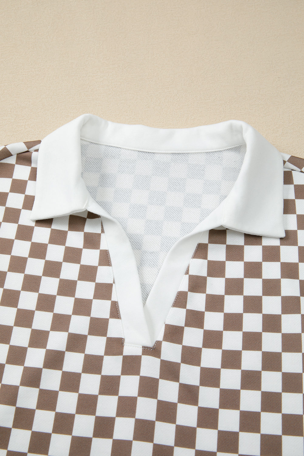Khaki Checkered Print Polo Collar Cropped Top Drawstring Mini Skirt Set
