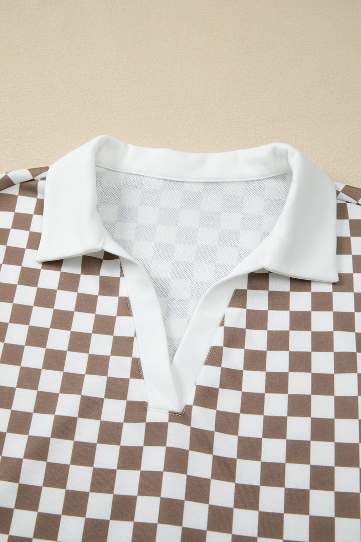Khaki Checkered Print Polo Collar Cropped Top Drawstring Mini Skirt Set