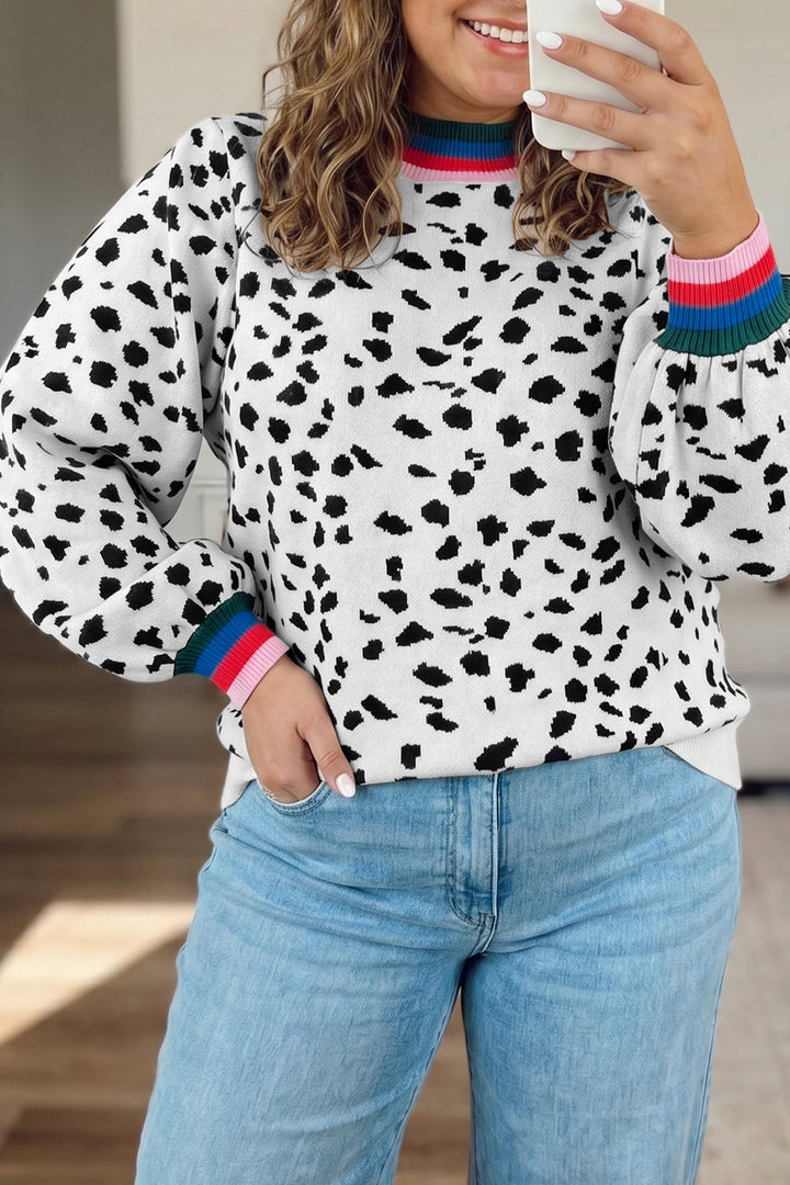 White Leopard Print Round Neck Long Sleeve Tunic Plus Size Sweater