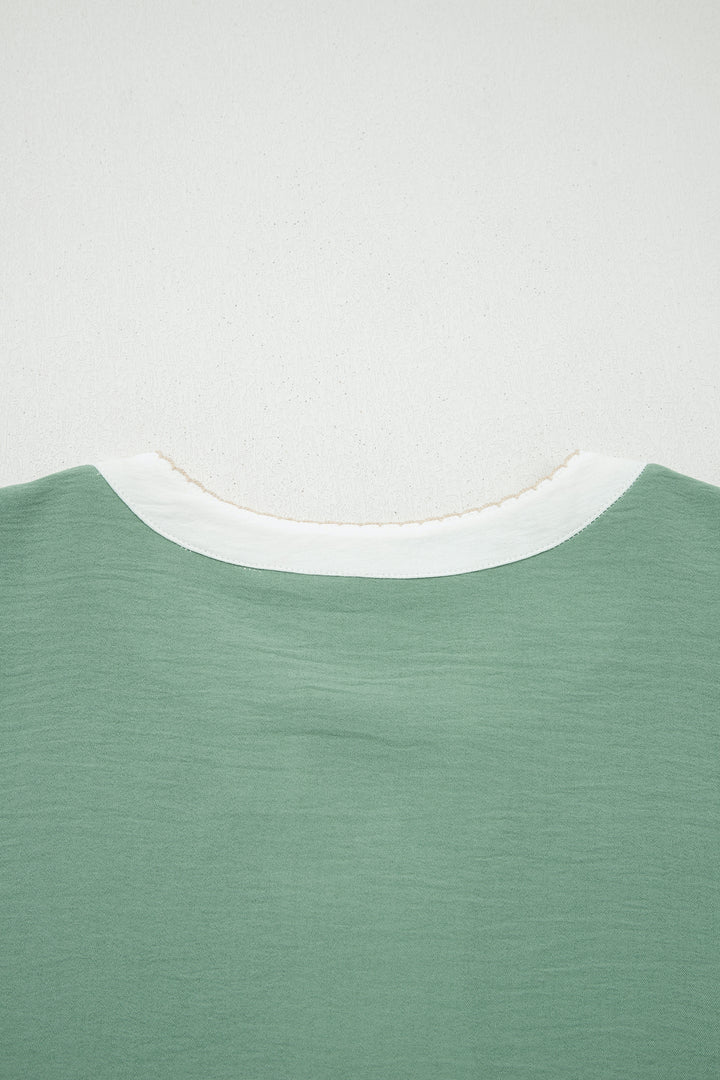 Smoke Green Color Block Patchwork V Neck Embroidered Puff Sleeve Babydoll Blouse