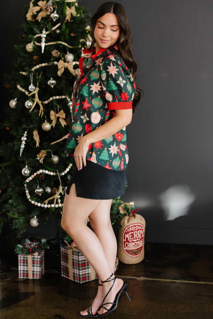 Christmas Fashion Print Contrast Trim Frilled Neck Short Sleeve Blouse