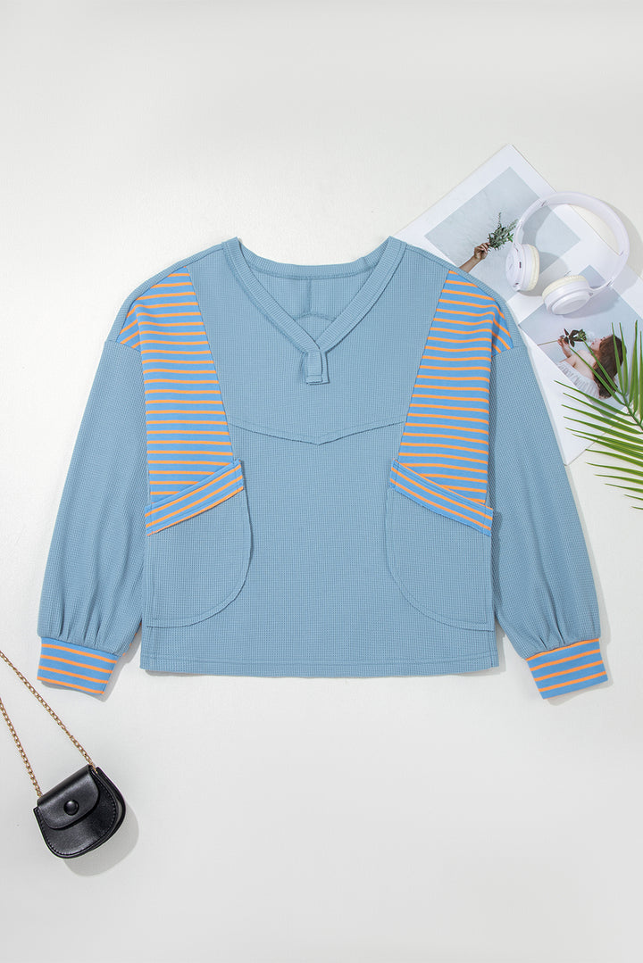 Blue Exposed Seam Waffle Striped Patchwork Baggy Pullover