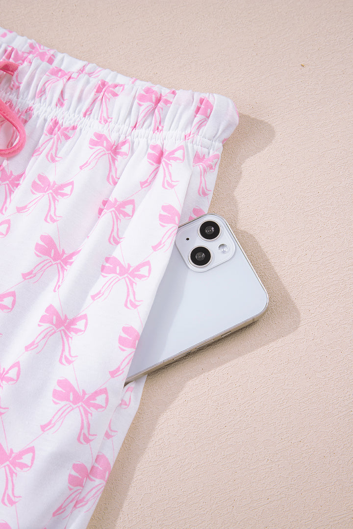 Pink Bow Print Long Sleeve Shirt and Pants Soft Pajama Set