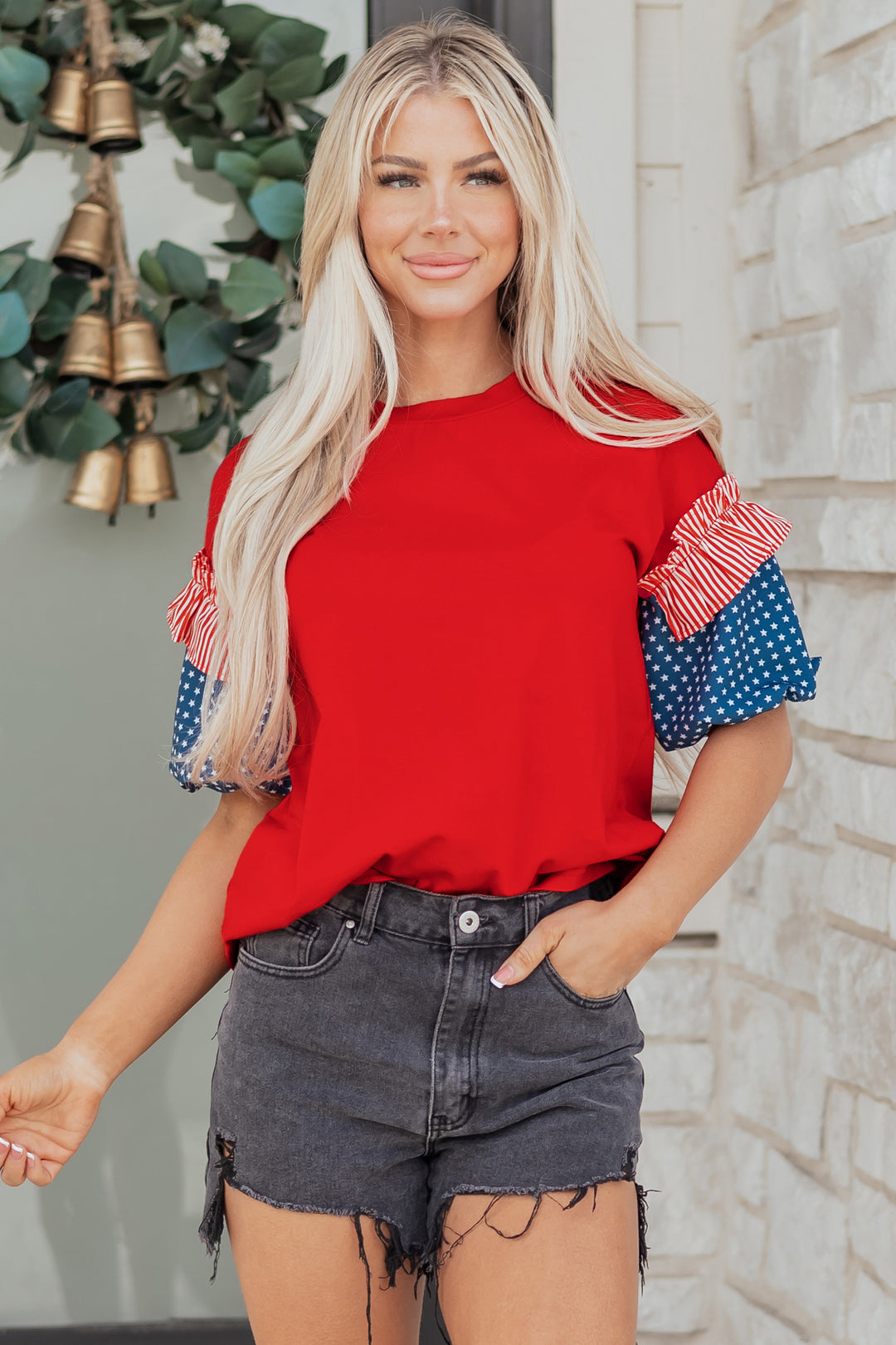 Stars Stripes Short Puff Sleeve Top