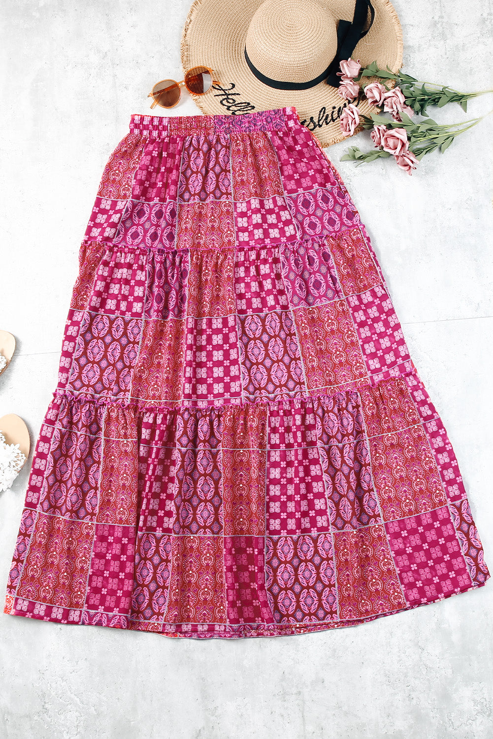 Purple Tiered Paisley Print Pocketed Boho Maxi Skirt
