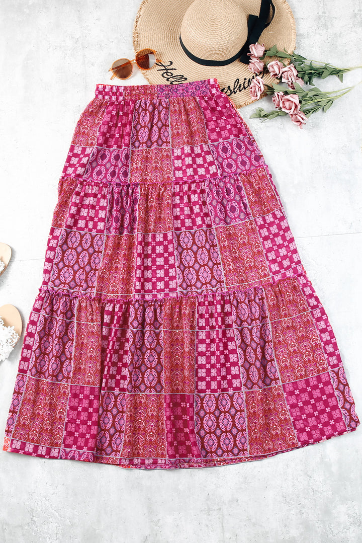 Purple Tiered Paisley Print Pocketed Boho Maxi Skirt