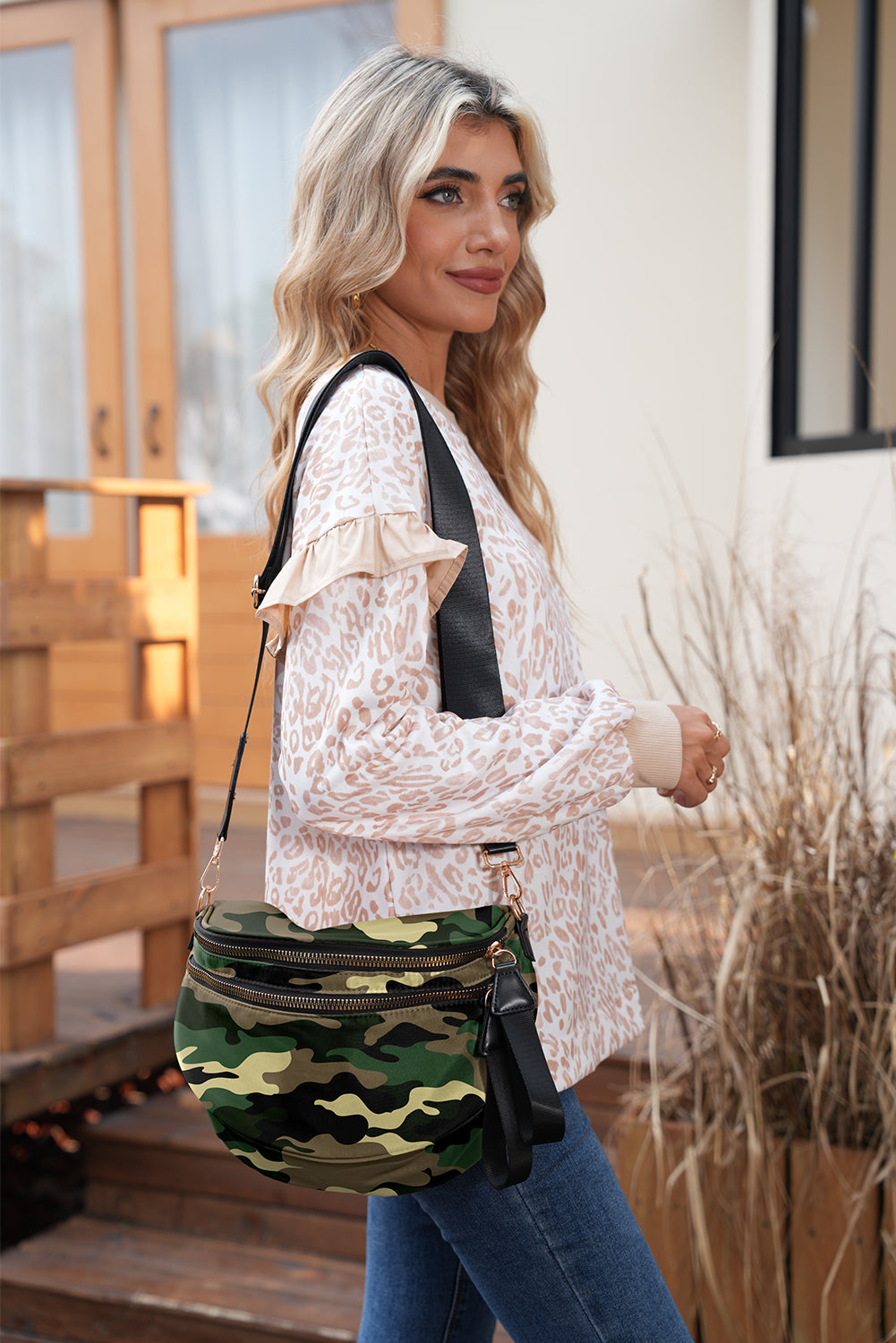 Four Camouflage Print Double Zip Fashion Crossbody Bag