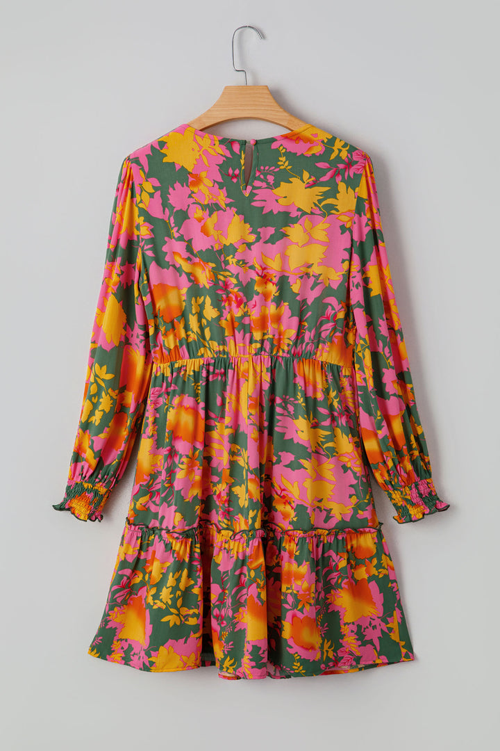 Floral Print Long Sleeve Smocked Ruffled Mini Dress