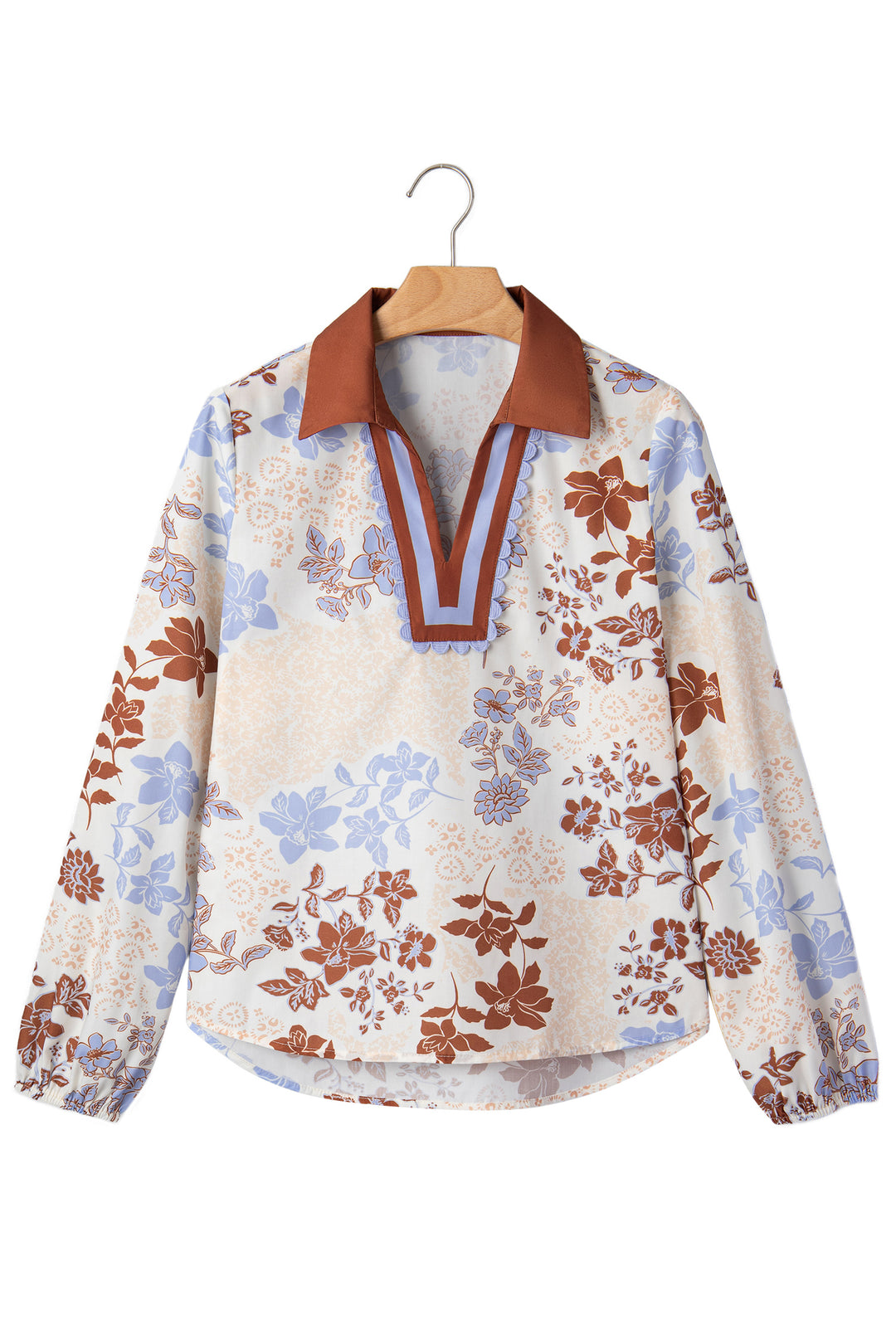 White Floral Print Colorblock V Neck Long Sleeve Blouse