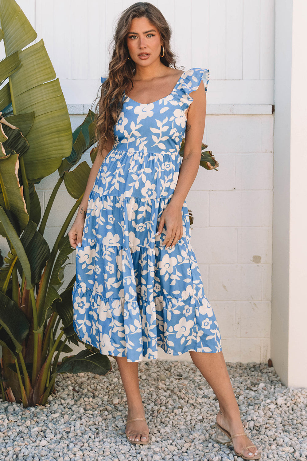 floral u neck flutter shoulder tiered flowy midi dress