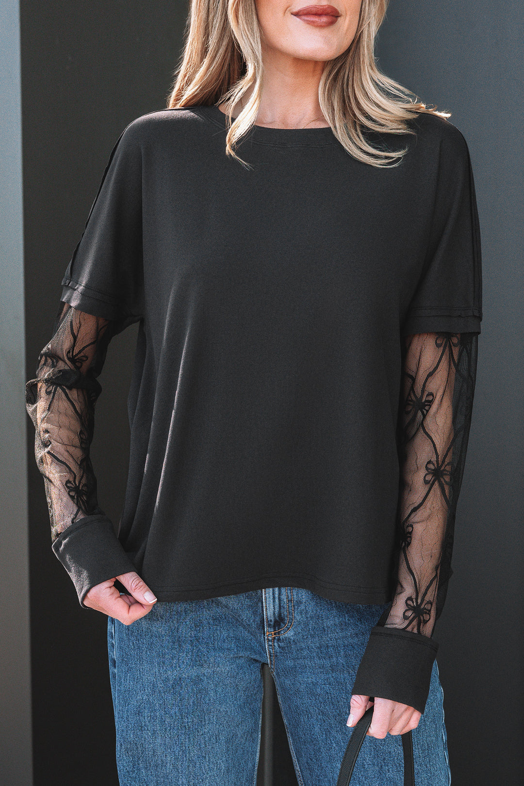 Solid Color Bow Textured Patchwork Long Sleeve Tee