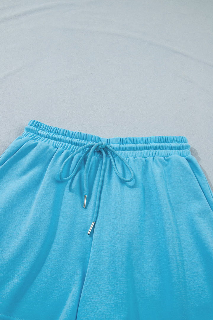 Light Blue Solid Color Puffy Loose Top Drawstring Shorts 2pcs Outfit