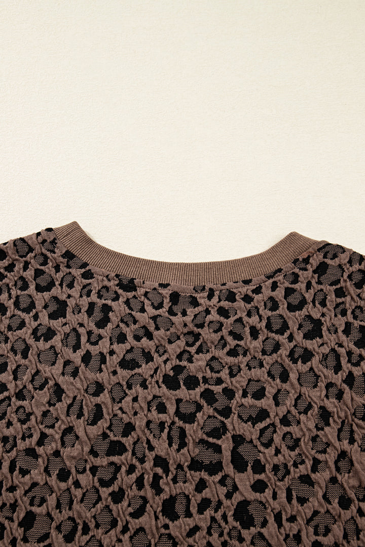 Ribbed Trim Leopard Print Long Sleeve Top