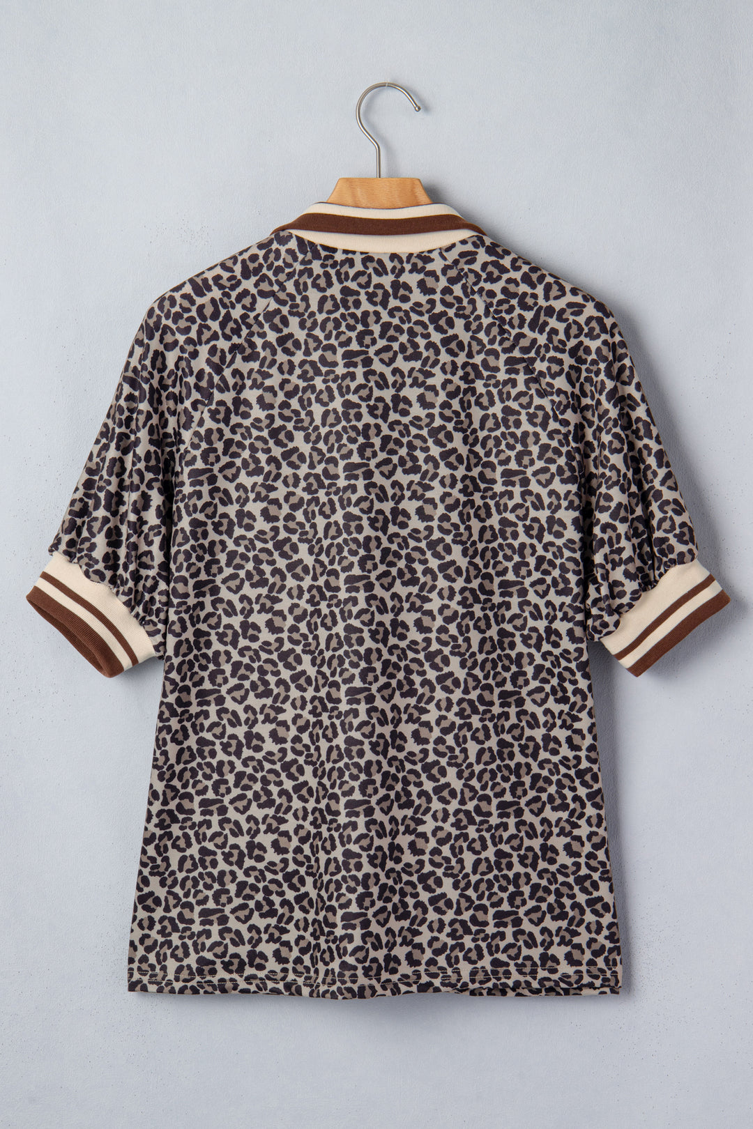 Leopard Print Half Zip Striped Trim Patchwork Short Sleeve Top