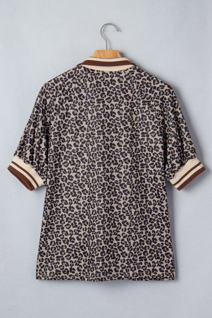Leopard Print Half Zip Striped Trim Patchwork Short Sleeve Top