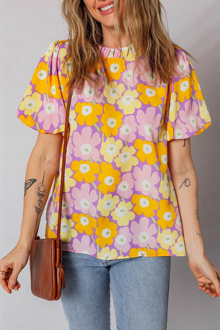 Frilled Neck Puff Short Sleeve Flower Top