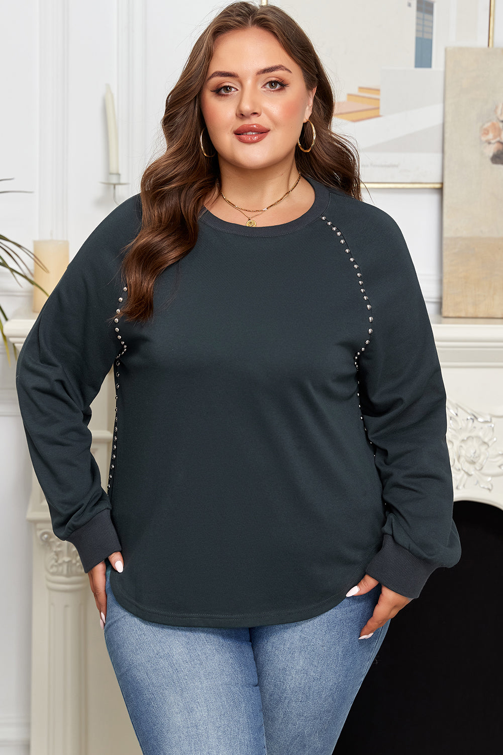 Black Studded Decor Ribbed Edge Mineral Wash Plus Size Jumper