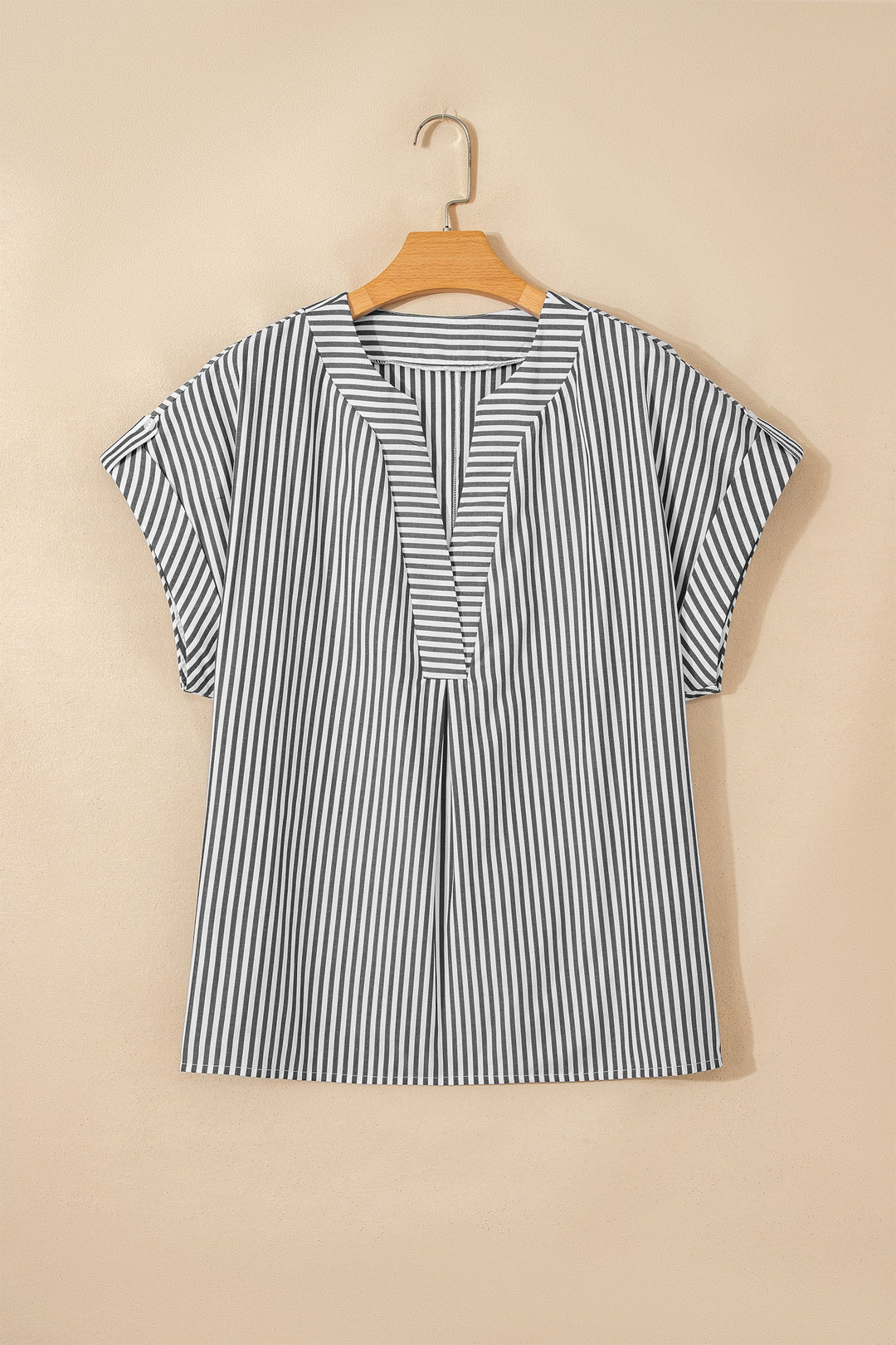 Black Stripe Plus Size V Neck Roll-tab Short Dolman Sleeve Blouse