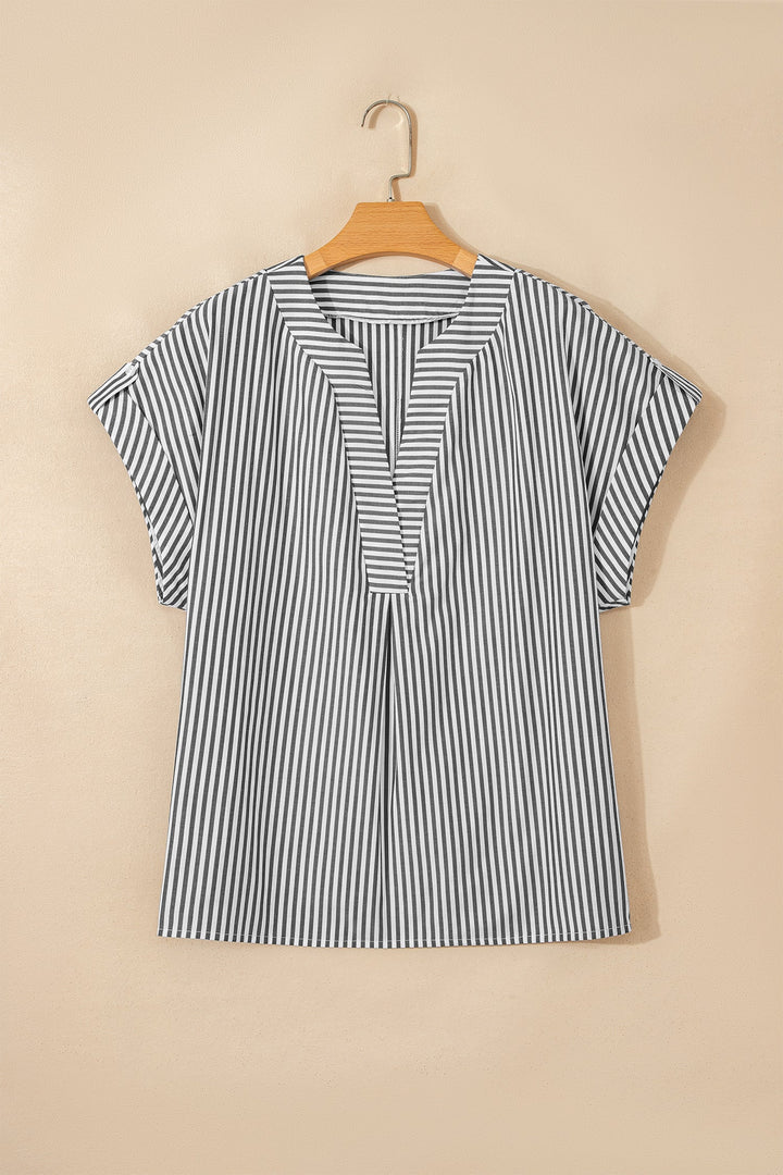 Black Stripe Plus Size V Neck Roll-tab Short Dolman Sleeve Blouse