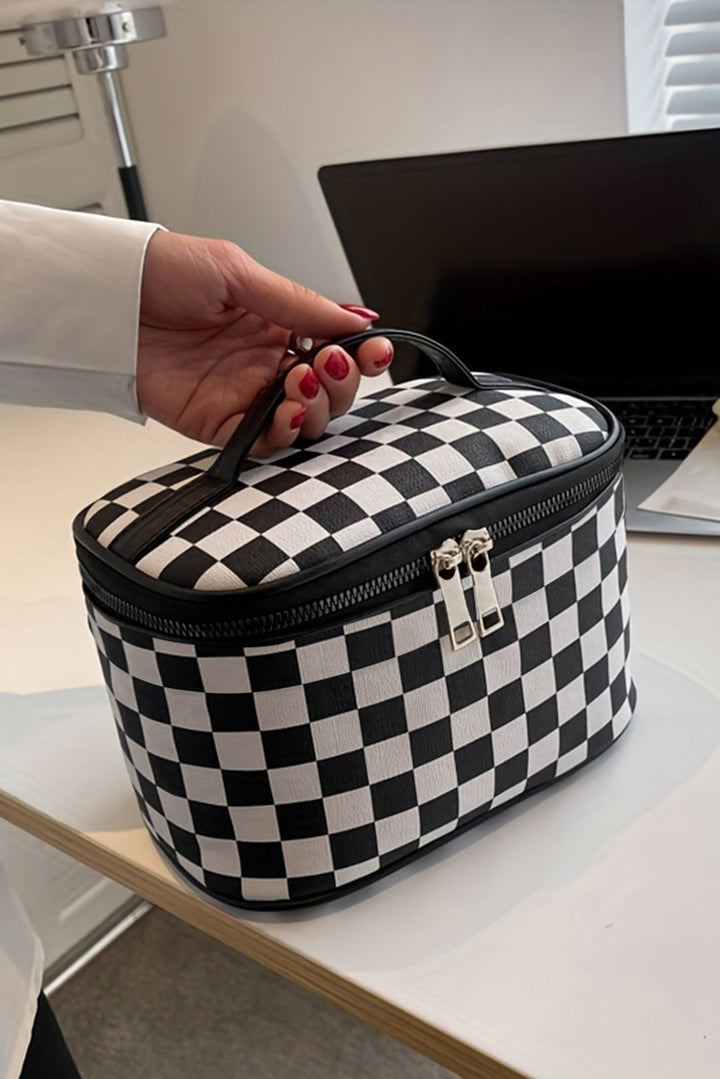 Checkered Zipper Large Cosmetic Bag with Handle