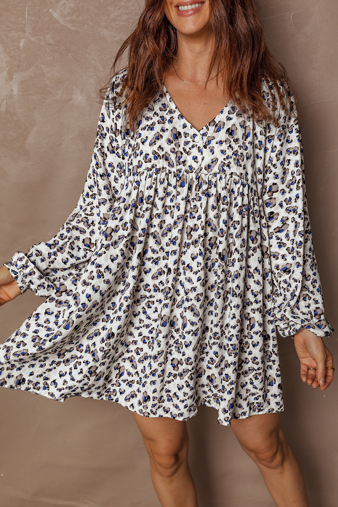 Leopard Print V Neck Button Detail Long Sleeve Mini Dress