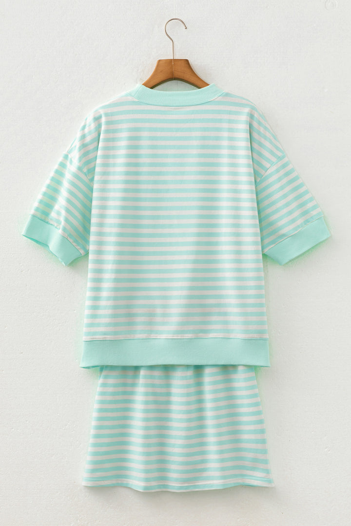 Green Stripe Ribbed Color Block Trim Half Sleeve Top Mini Skort 2pcs Outfit