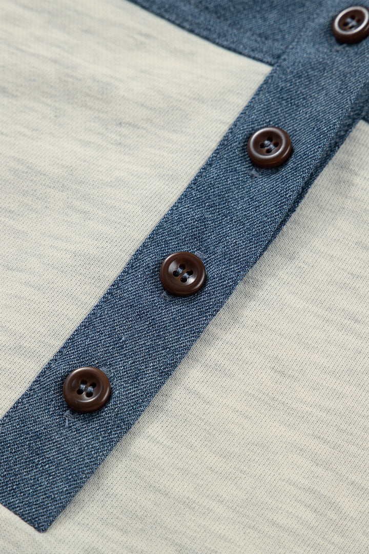 Light Grey Half Buttons Collared Denim Plus Short Sleeve Top