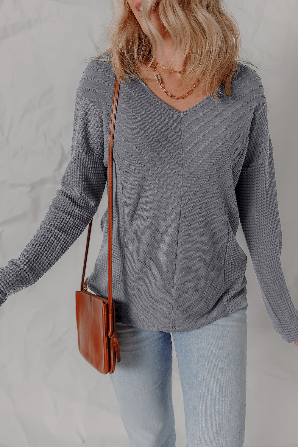 V Neck Chevron Texture Patchwork Long Sleeve Knit Top