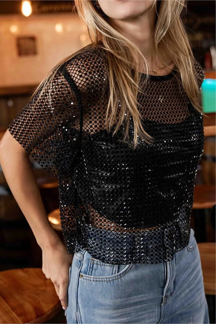 Black Rhinestone Mesh Round Neck Raw Hem T Shirt