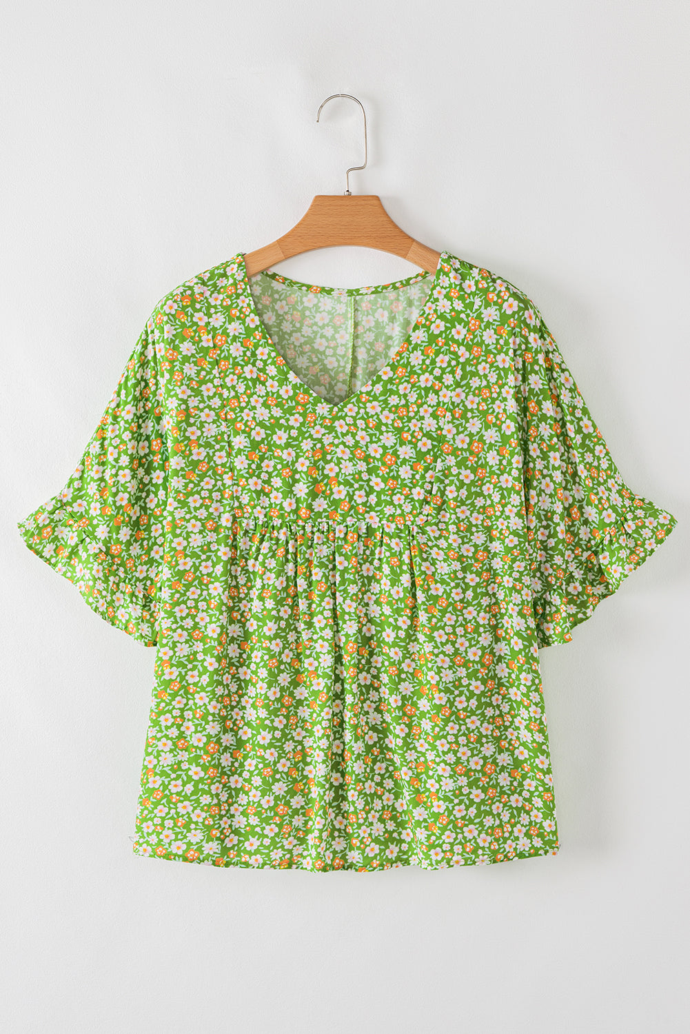floral print ruffle sleeve v neck blouse top