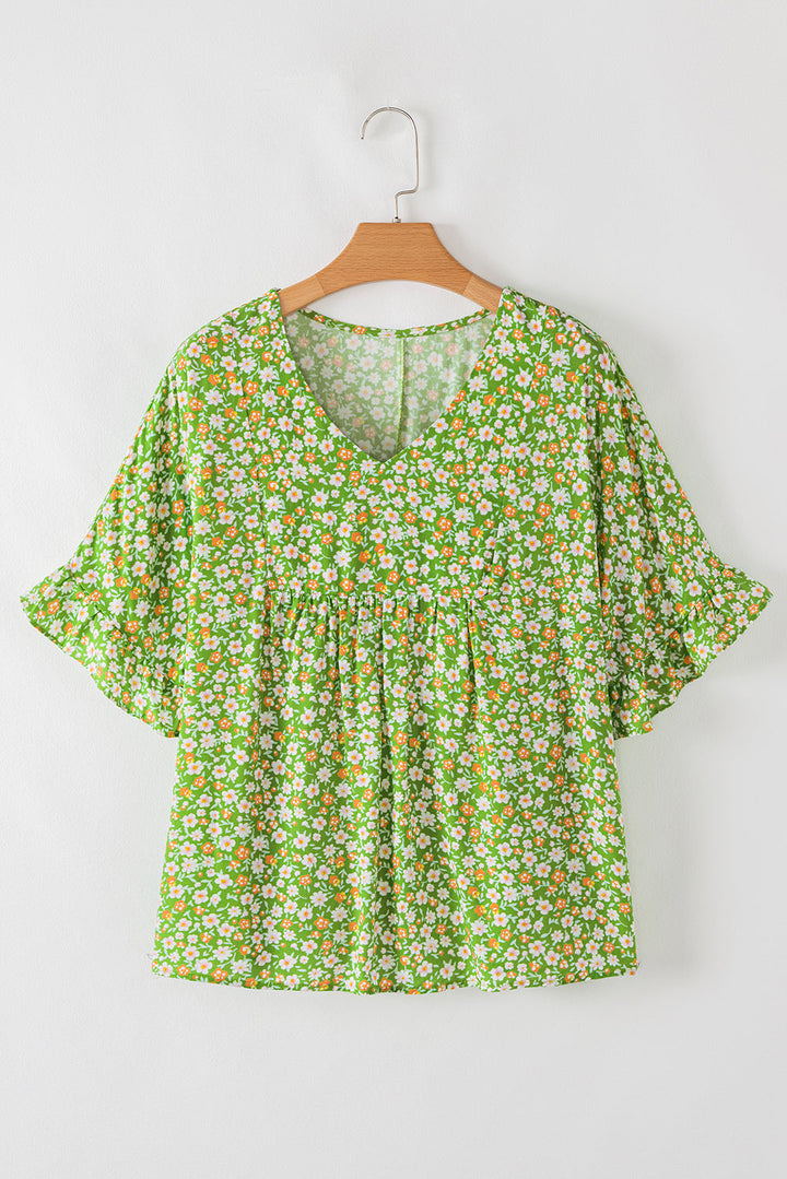 floral print ruffle sleeve v neck blouse top